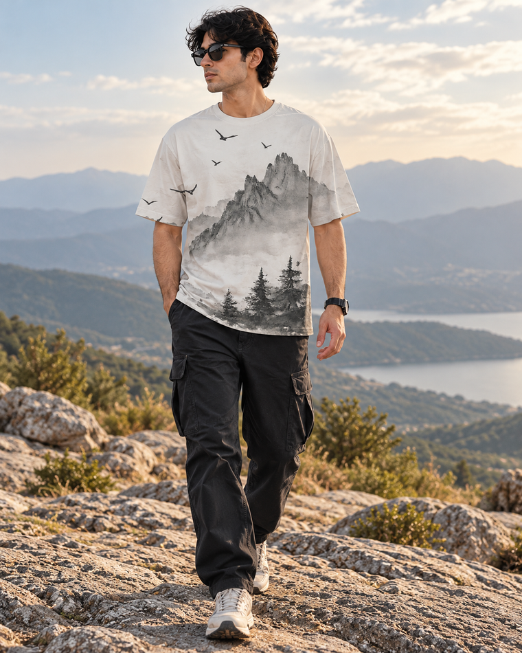 Misty Mountain Ink Painting Oversized Tee | Sumi-e Landscape Unisex T-Shirt alternate view