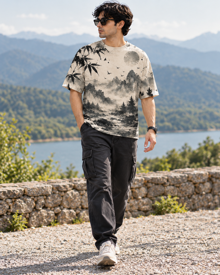 Moonlit River Ink Painting Oversized Tee | Sumi-e Bamboo & Mountain Unisex T-Shirt alternate view