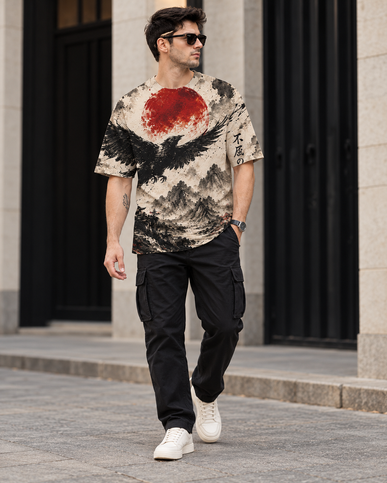 Crimson Sun Raven Ink Painting Oversized Tee | Sumi-e Crane & Mountain Unisex T-Shirt alternate view