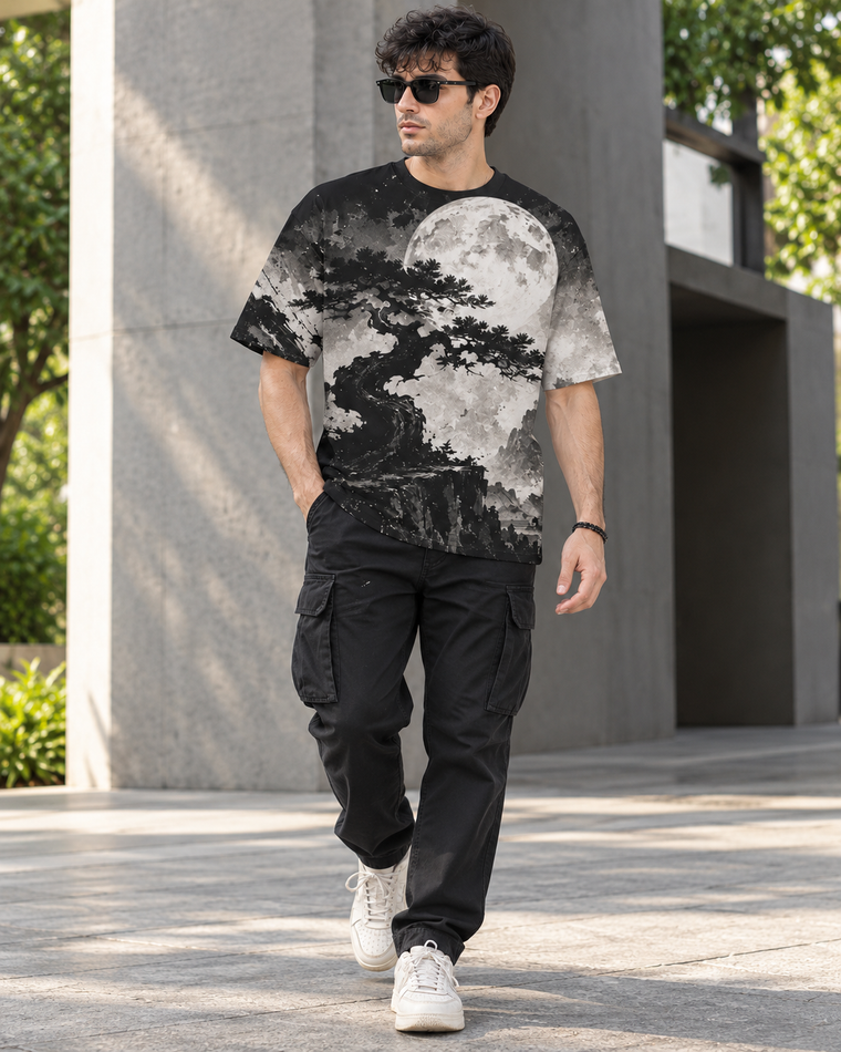 Full Moon Bonsai Ink Painting Oversized Tee | Sumi-e Night Sky Unisex T-Shirt alternate view