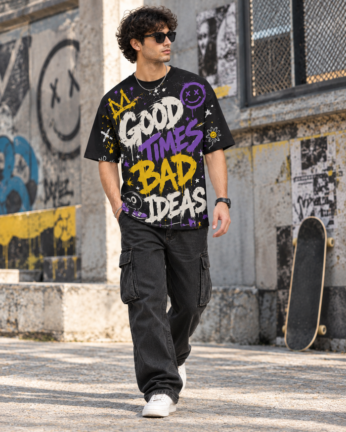 Good Times Bad Ideas Graffiti Oversized Tee | Streetwear Typography Unisex T-Shirt alternate view
