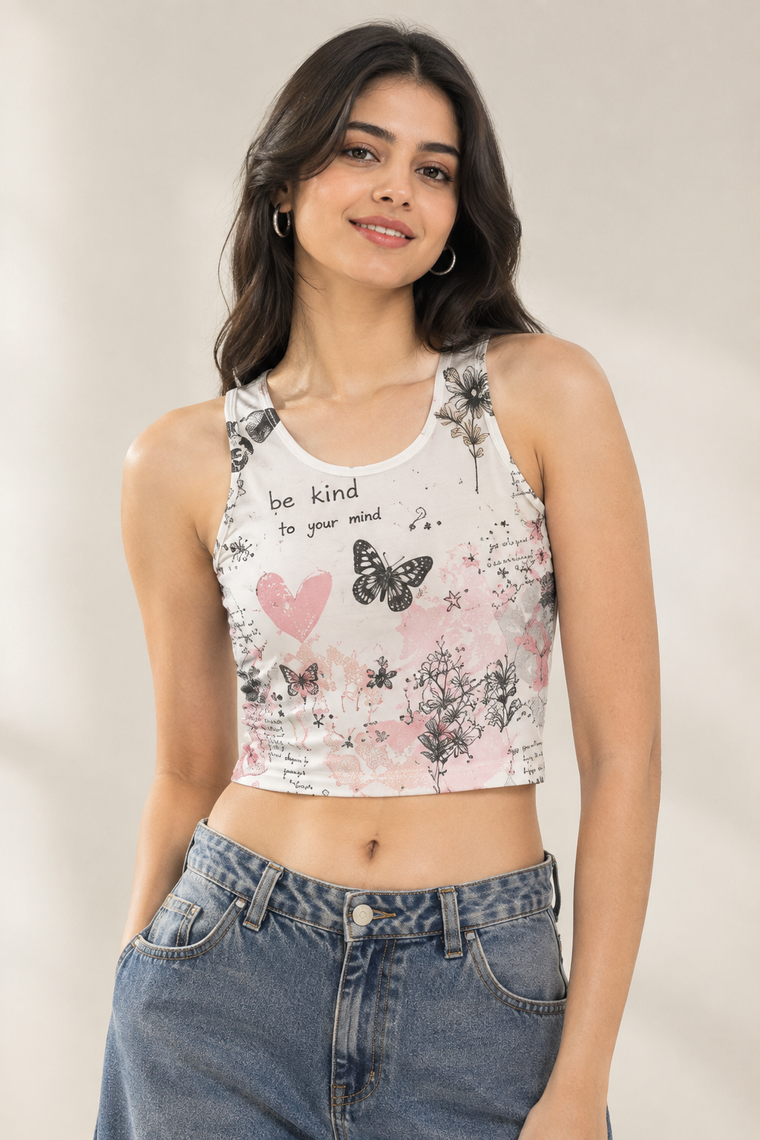 Be Kind To Your Mind Crop Tank | Butterfly & Floral Aesthetic Sleeveless Top