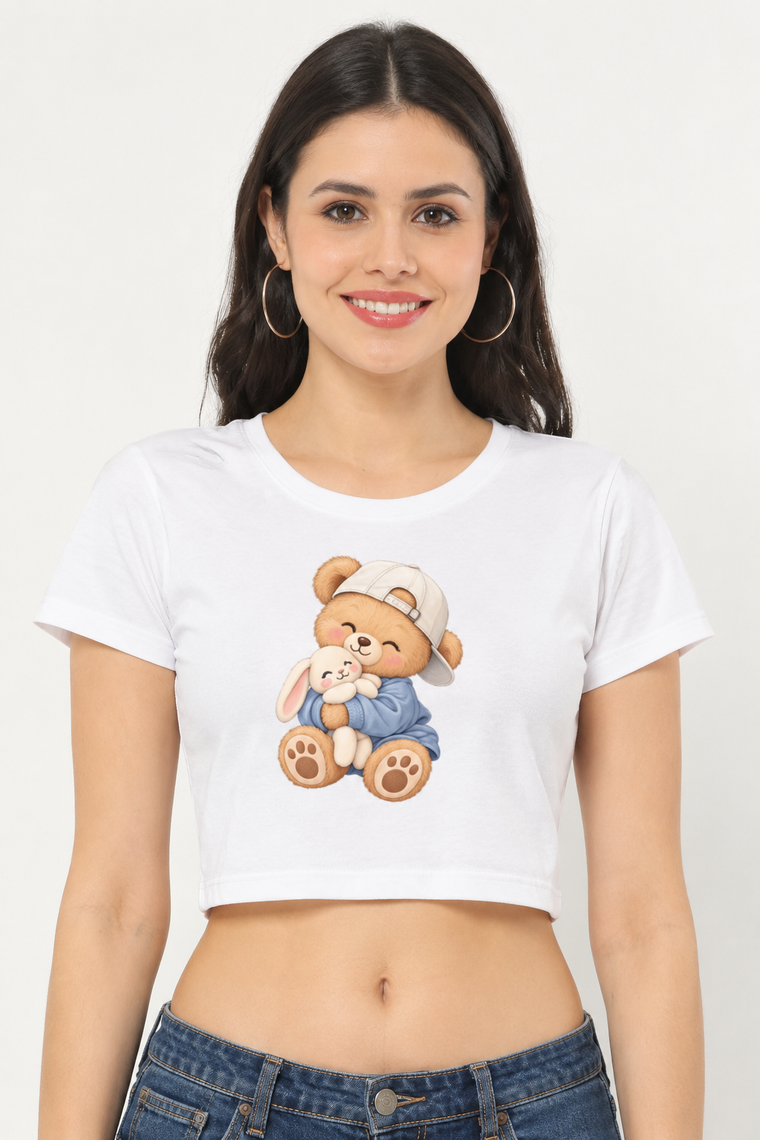 Bear Hug Baby Tee — Cute Bunny Cuddle Graphic Crop Top