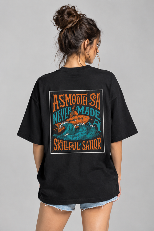 Big Vibe Tee black oversized tee lifestyle back with vintage sailor graphic