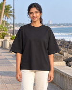 Big Vibe Tee — plain front female lifestyle
