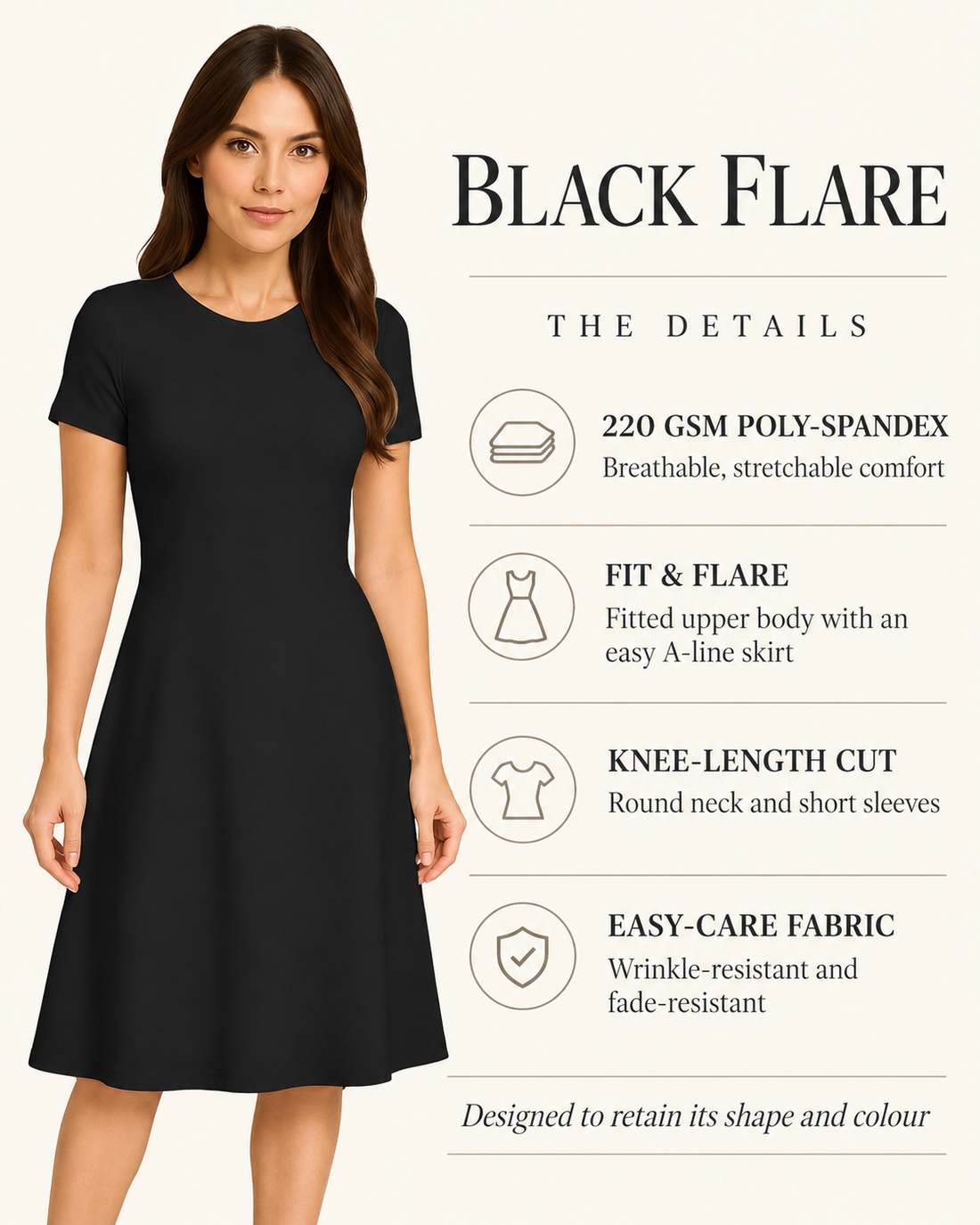Black Flare A-Line Dress details: 220 GSM poly-spandex, short sleeves, knee-length fit and flare and care