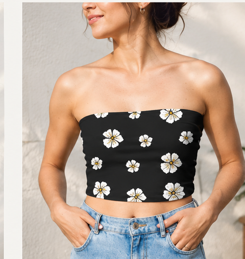Black Floral Tube Top black strapless crop with white petal print lifestyle