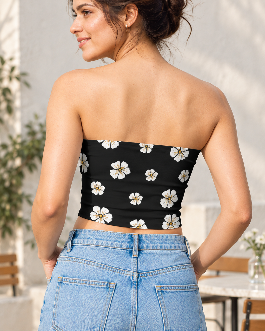 Black Floral Tube Top | White Petal Print | Women's Strapless Crop | Trendy Summer Wear — back lifestyle photo