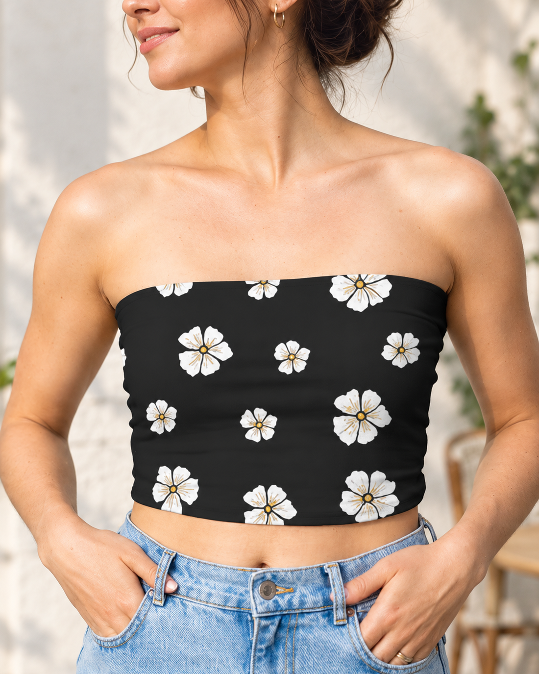 Black Floral Tube Top | White Petal Print | Women's Strapless Crop | Trendy Summer Wear — garment and print close-up