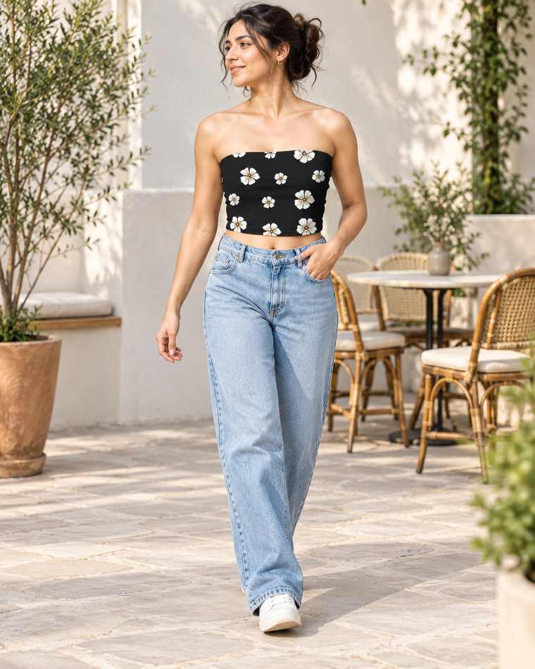Black Floral Tube Top | White Petal Print | Women's Strapless Crop | Trendy Summer Wear alternate view