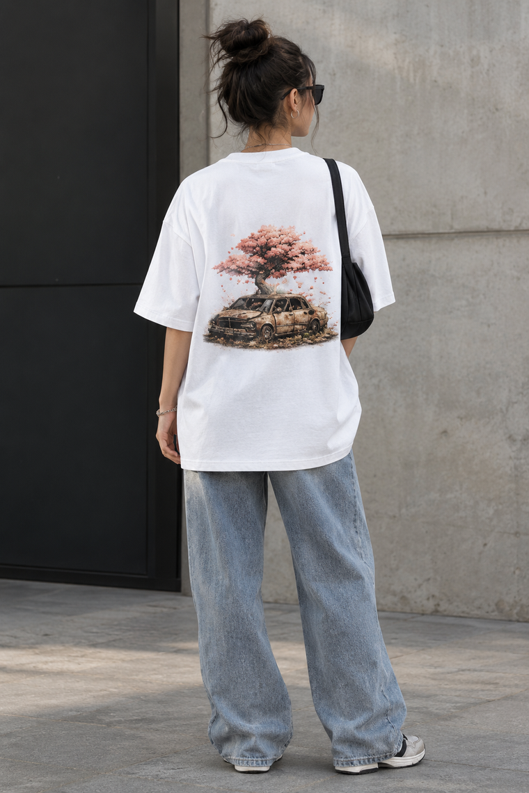 Blossom Reclaimed Car Oversized Tee | Nature Reclaims Cherry Blossom Back Print T-Shirt