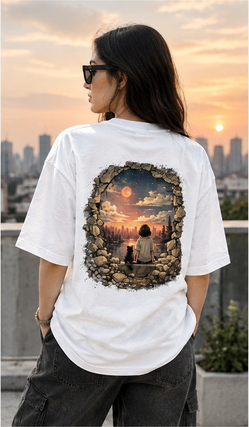 Broken Wall Sunset City Oversized Tee | Girl & Cat Back Print T-Shirt