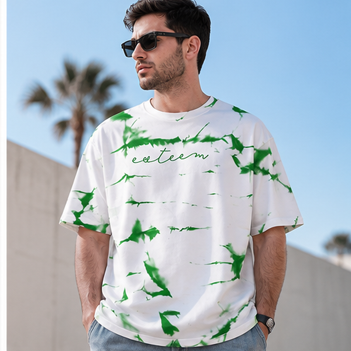 White and green all-over printed oversized streetwear tee lifestyle