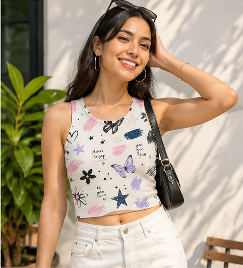 Choose Happy Doodle Crop Tank | Butterfly & Star Affirmation Sleeveless Top
