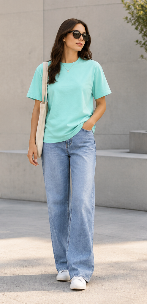 Classic Unisex Crew Neck T-Shirt aqua 100% cotton lifestyle photo
