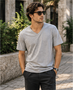 Classic Unisex V-Neck T-Shirt grey 100% cotton lifestyle photo