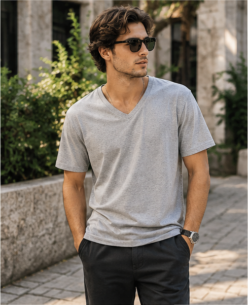 Classic Unisex V-Neck T-Shirt grey 100% cotton lifestyle photo