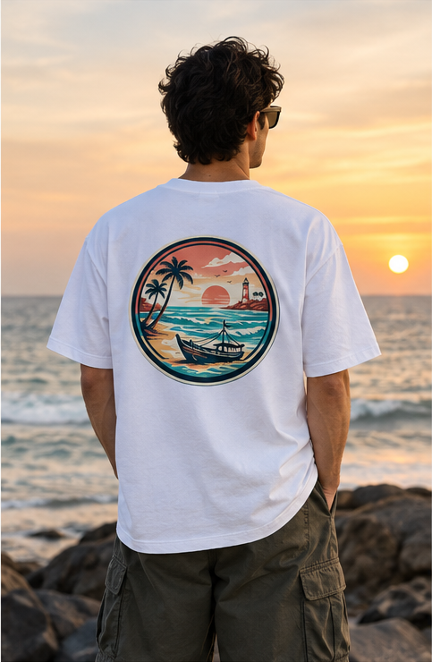 Coastal Sunset Oversized T-Shirt white blank front with coastal lighthouse graphic on back