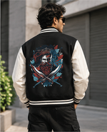 Coat of Class varsity jacket black cream skull graphic back lifestyle photo