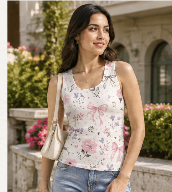 Coquette Bow & Floral Tank Top | Pink Ribbon Watercolor Sleeveless Top