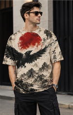 Crimson Sun Raven Ink Painting oversized tee white all-over sumi-e raven crimson sun mountain print lifestyle photo