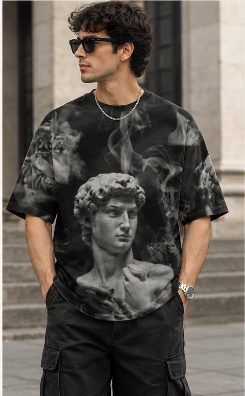Dark Aesthetic Smoke black oversized tee with monochromatic classical statue all-over print lifestyle photo