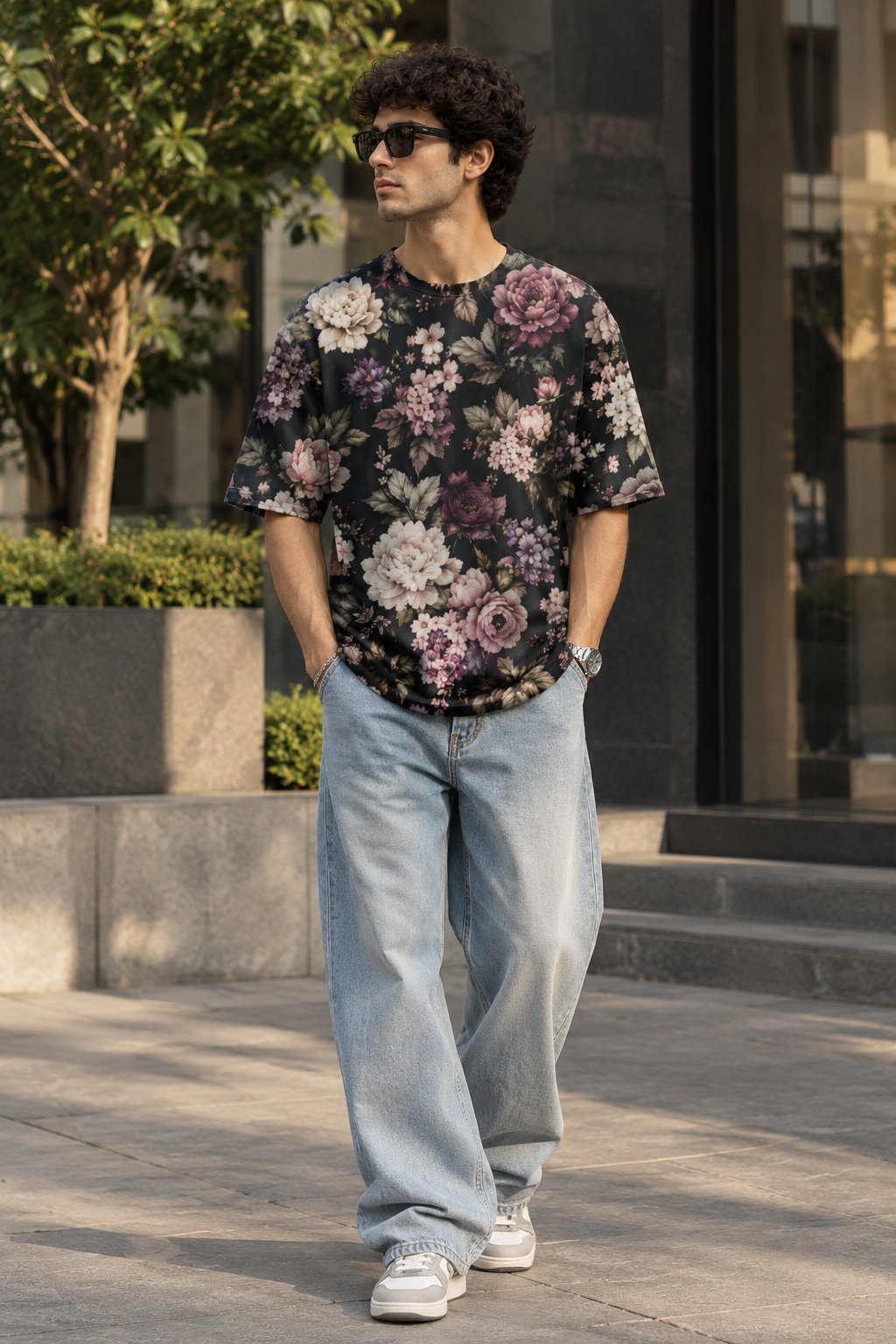 Dark Botanical Floral all-over print oversized tee lifestyle photo on male model