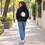 Dragon Spirit black hoodie, female lifestyle back view