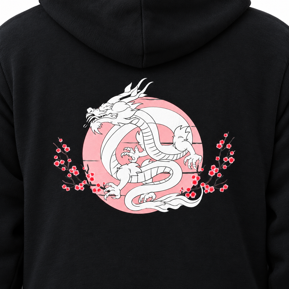 Dragon Spirit hoodie white dragon, pale pink disc and red blossom back print detail