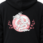 Dragon Spirit hoodie white dragon, pale pink disc and red blossom back print detail