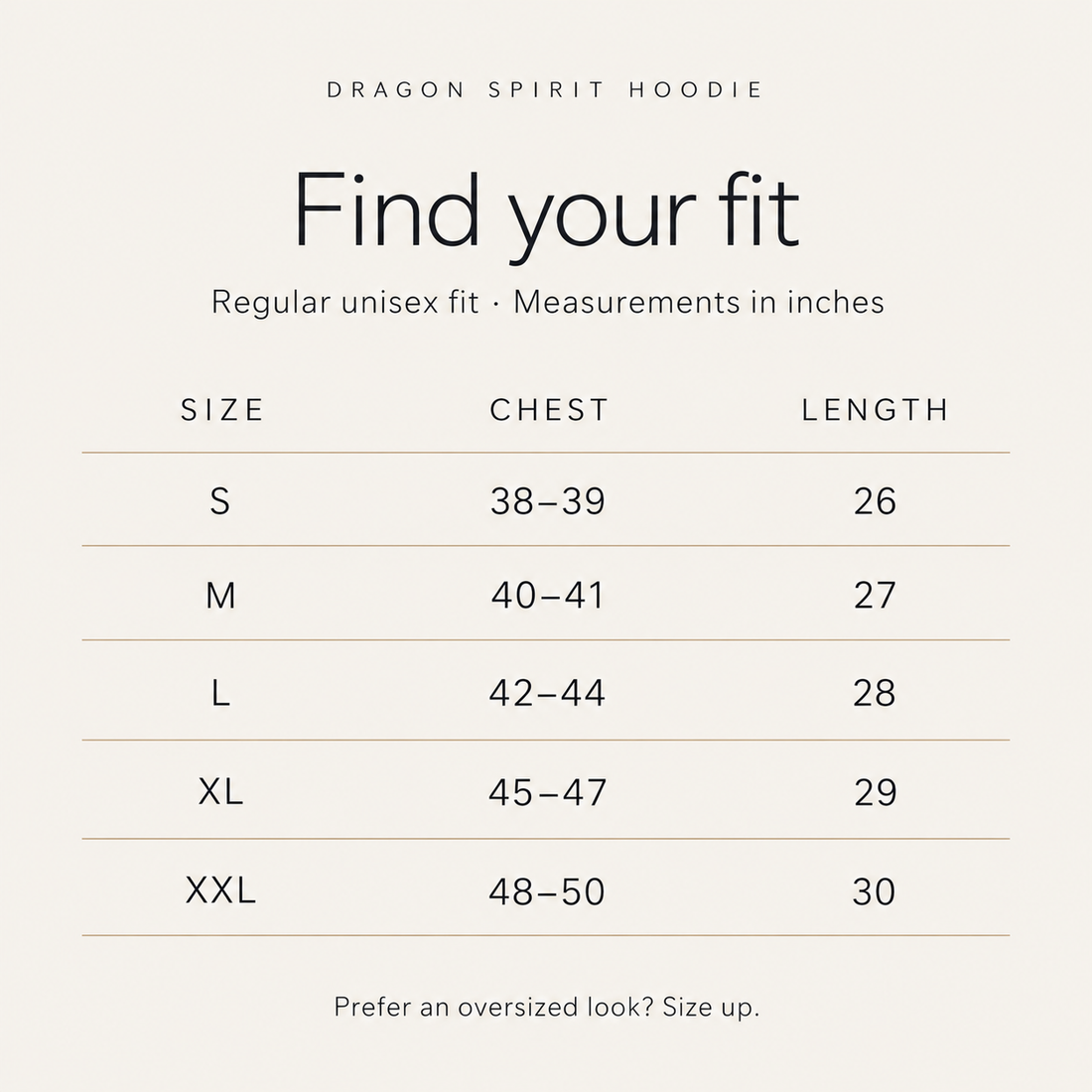 Dragon Spirit Hoodie size guide in inches, chest and length, S to XXL