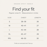 Dragon Spirit Hoodie size guide in inches, chest and length, S to XXL