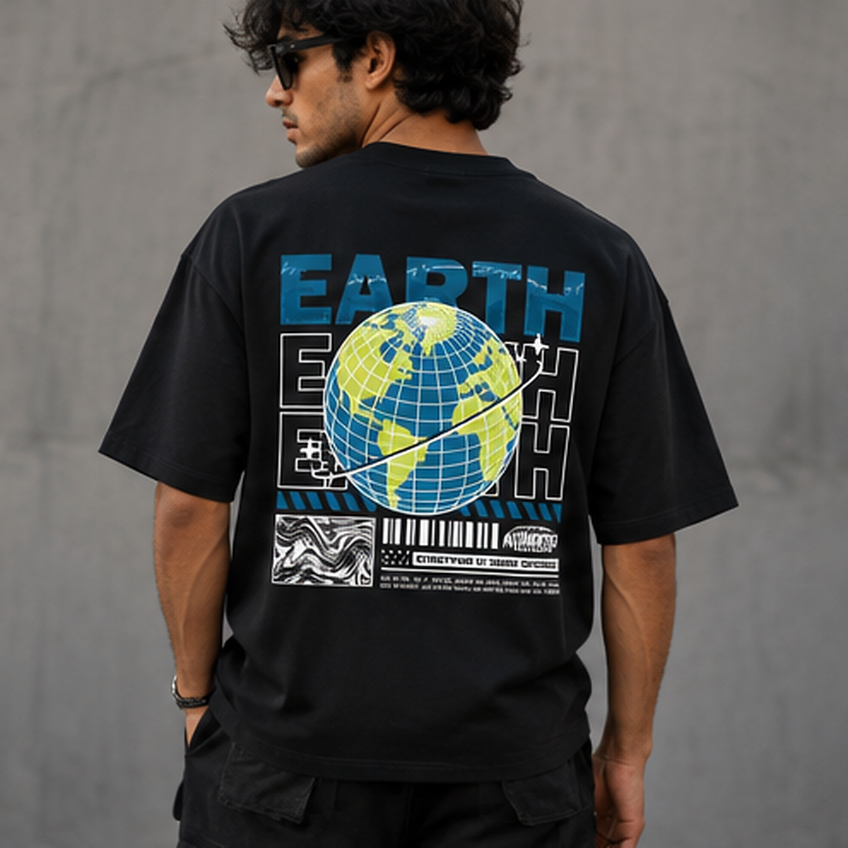 Black oversized Earth design T-shirt lifestyle back view
