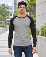 Edge Flow Raglan T-Shirt — grey melange and black sleeves lifestyle