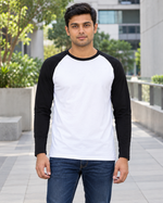 Edge Flow Raglan T-Shirt — white body and black sleeves lifestyle