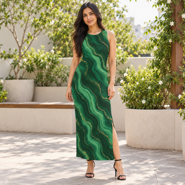 Emerald Mirage Green Marble Print Bodycon Maxi Dress