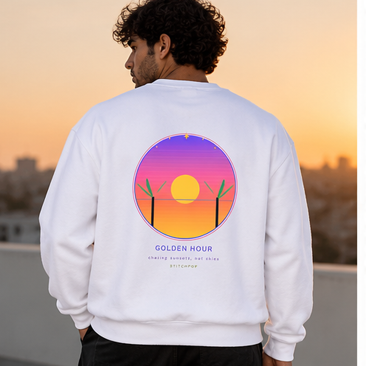 White premium fleece sweatshirt lifestyle back view