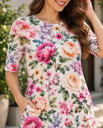Women's Floral T-Shirt Dress | Sublimation Print | Pockets | 180 GSM Soft Poly — fabric, print and construction close-up
