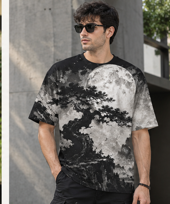 Full Moon Bonsai Ink Painting oversized tee all-over print lifestyle photo