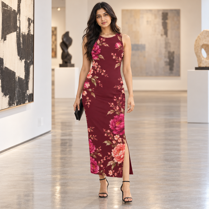 Garnet Bloom Burgundy Floral Bodycon Maxi Dress alternate view