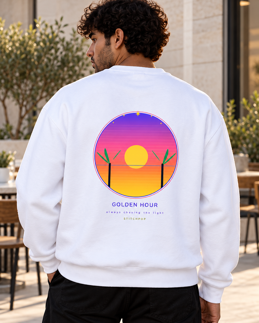 Golden Hour Fleece Sweatshirt — print and fleece close-up