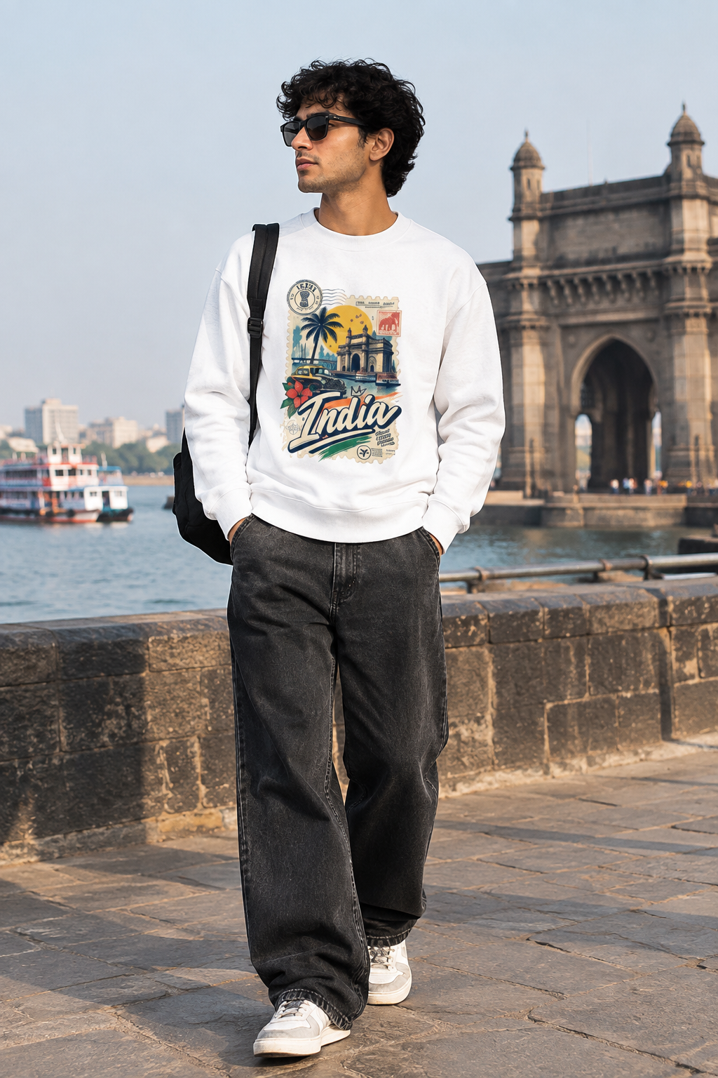 India Collage Travel white sweatshirt lifestyle photo with vintage India postcard collage graphic