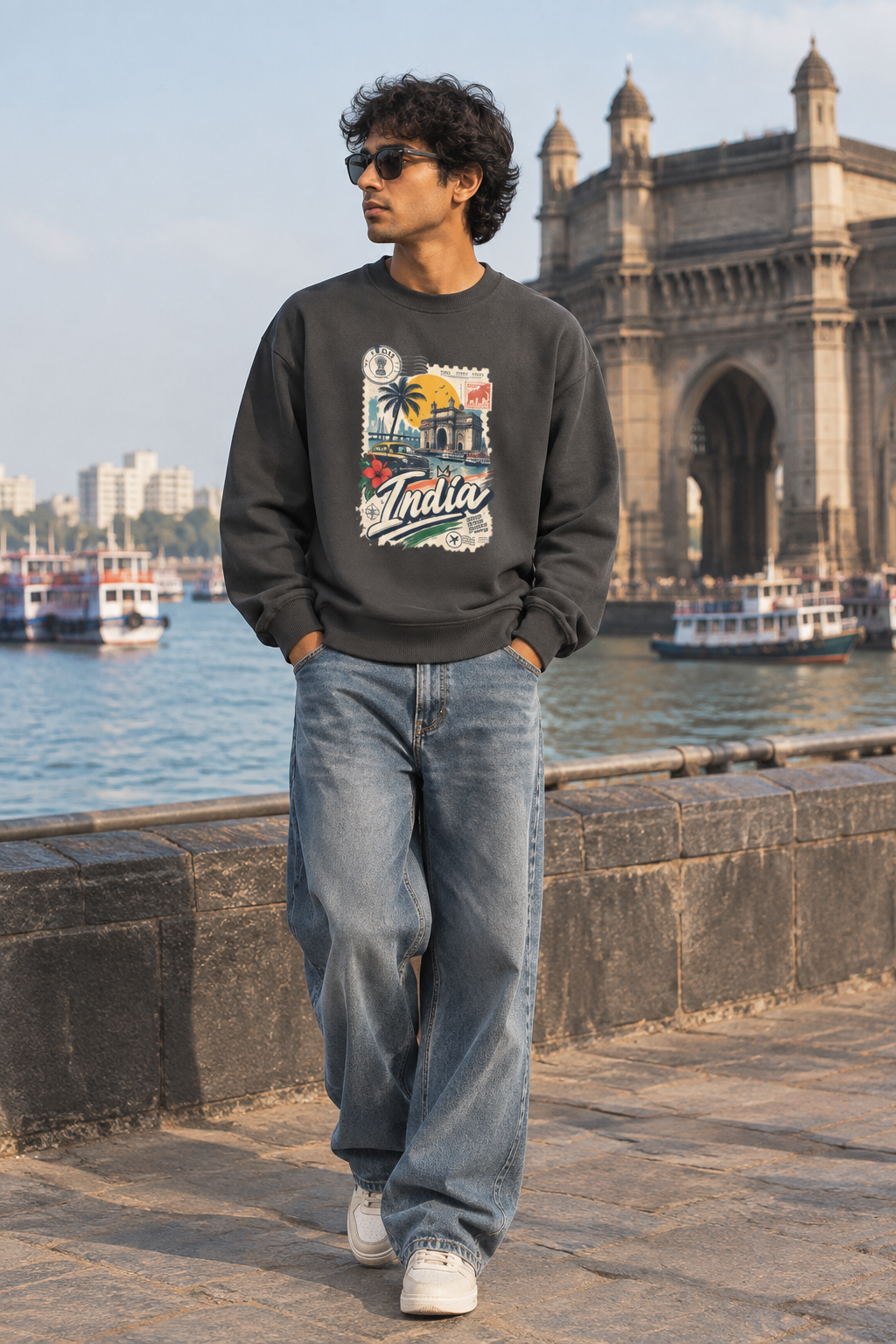 India Travel Postcard charcoal sweatshirt lifestyle front with exact retro India postcard graphic