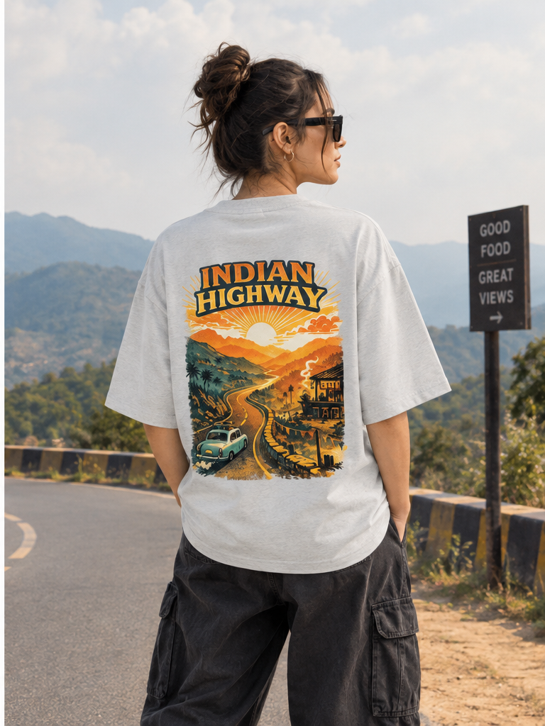 Indian Highway white oversized tee lifestyle back showing the full exact road trip graphic