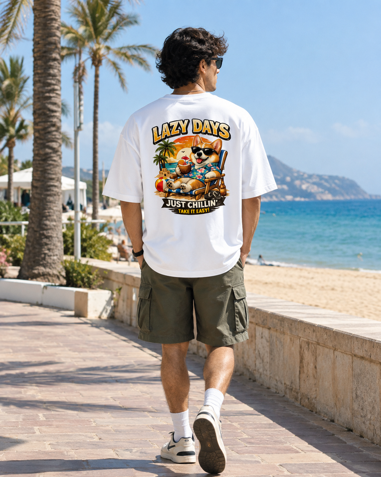 Lazy Days Corgi Beach Graphic Oversized Tee | Just Chillin' Funny Dog T-Shirt