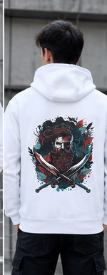 The Loop Zip white hoodie lifestyle back view with warrior graphic