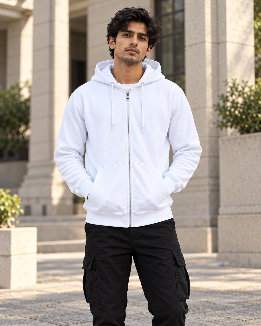 The Loop Zip Hoodie — plain full zip front lifestyle