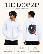 The Loop Zip Hoodie — full zip and back artwork guide