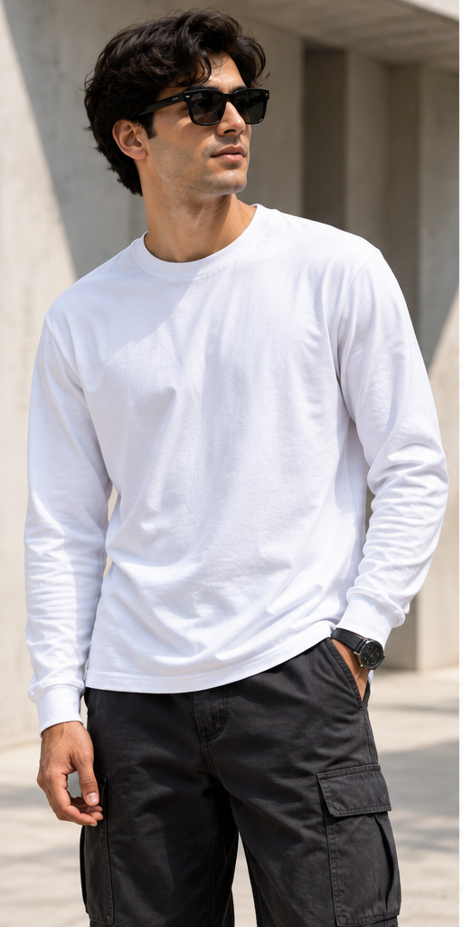 Men's white full sleeve cotton T-shirt lifestyle