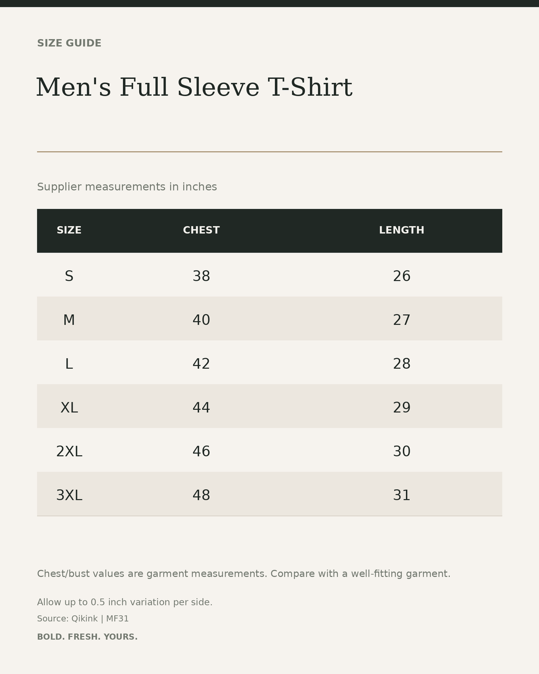 Men's Full Sleeve T-Shirt — size guide in inches from official Qikink garment chart